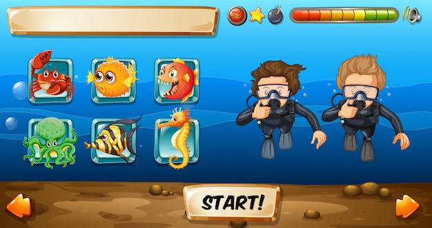 Modèle de jeu avec des plongeurs et des poissons
