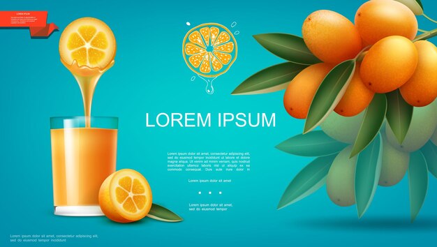 Modèle de jus de fruits naturel réaliste avec verre plein de boisson saine et branche d'illustration de fruits kumquat mûrs