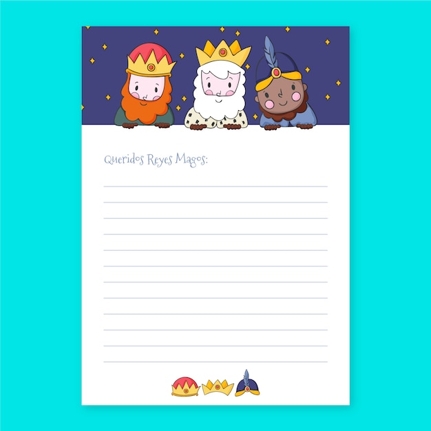 Vecteur gratuit modèle de lettre de liste de souhaits reyes magos dessinés à la main