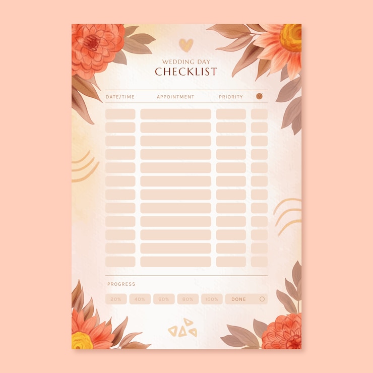 Vecteur gratuit modèle de liste de contrôle de planification de mariage à l'aquarelle