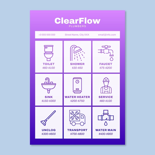 Vecteur gratuit modèle de liste de prix des solutions de plomberie