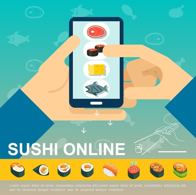 Vecteur gratuit modèle de livraison de nourriture japonaise en ligne plat avec homme tenant mobile avec application de commande de sushi illustration isométrique sashimi et rouleaux