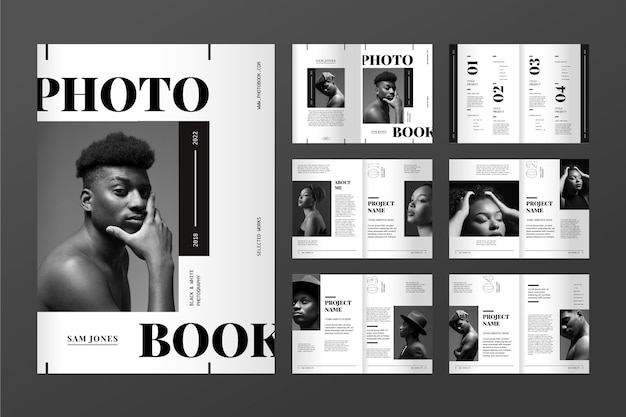 Vecteur gratuit modèle de livre photo design plat en niveaux de gris