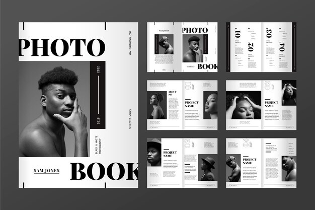 Modèle de livre photo design plat en niveaux de gris