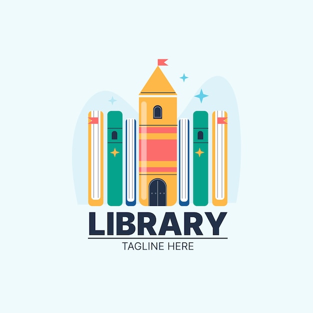 Modèle de logo de bibliothèque design plat dessiné à la main