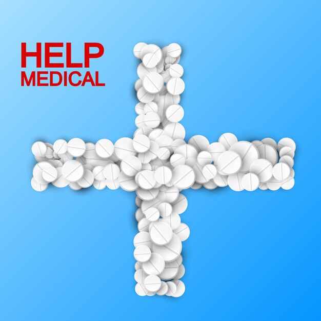 Modèle de lumière de traitement médical avec des médicaments blancs et des pilules en forme de croix sur bleu