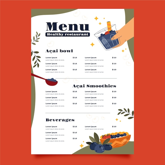 Vecteur gratuit modèle de menu acai dessiné à la main