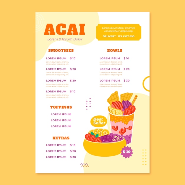 Modèle de menu acai dessiné à la main