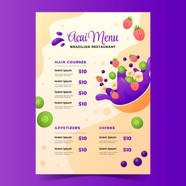 Modèle de menu acai dessiné à la main