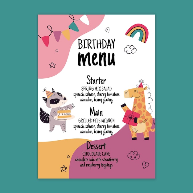 Vecteur gratuit modèle de menu d'anniversaire avec des animaux