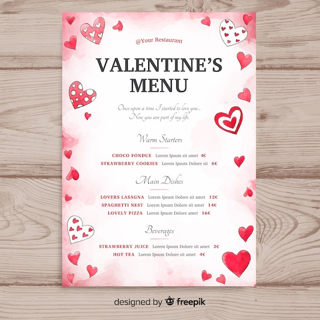 Vecteur gratuit modèle de menu aquarelle saint valentin