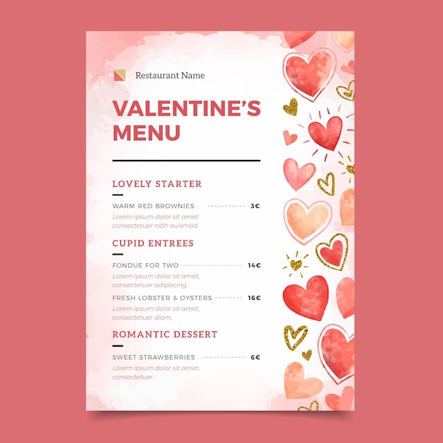 Vecteur gratuit modèle de menu aquarelle saint valentin