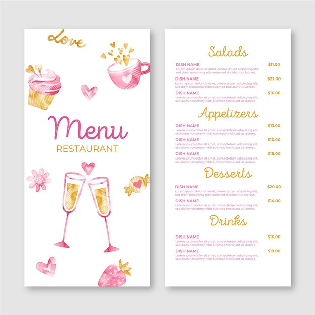 Vecteur gratuit modèle de menu aquarelle saint valentin