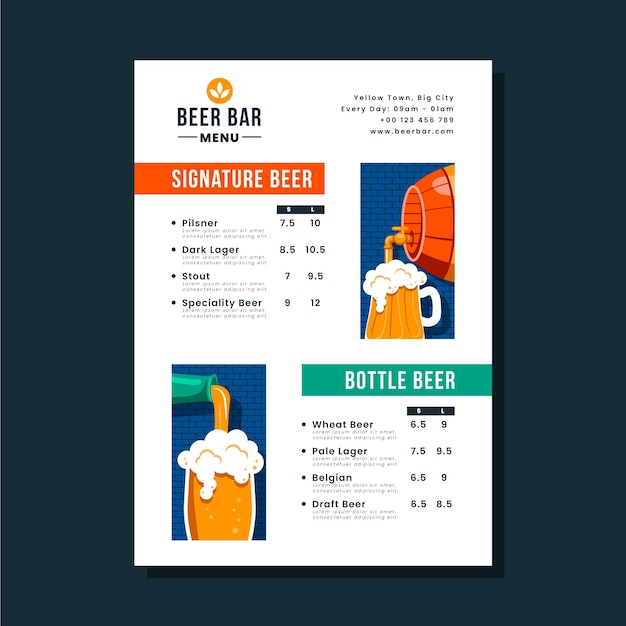 Vecteur gratuit modèle de menu de bar à bière dessiné à la main