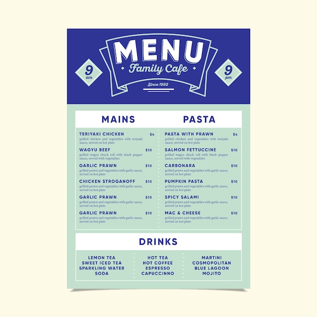 Modèle De Menu Bleu Minimaliste