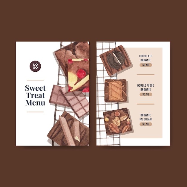 Modèle De Menu Avec Brownie Maison Dans Un Style Aquarelle