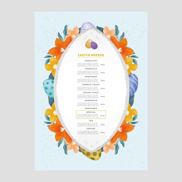 Vecteur gratuit modèle de menu de brunch de pâques aquarelle