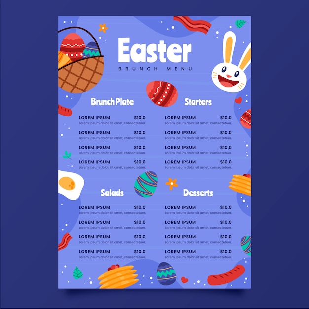 Vecteur gratuit modèle de menu de brunch de pâques dessiné à la main