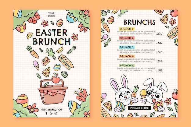 Vecteur gratuit modèle de menu de brunch de pâques dessiné à la main