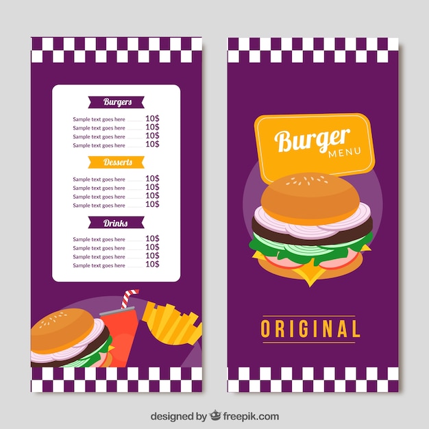 Vecteur gratuit modèle de menu burger purple