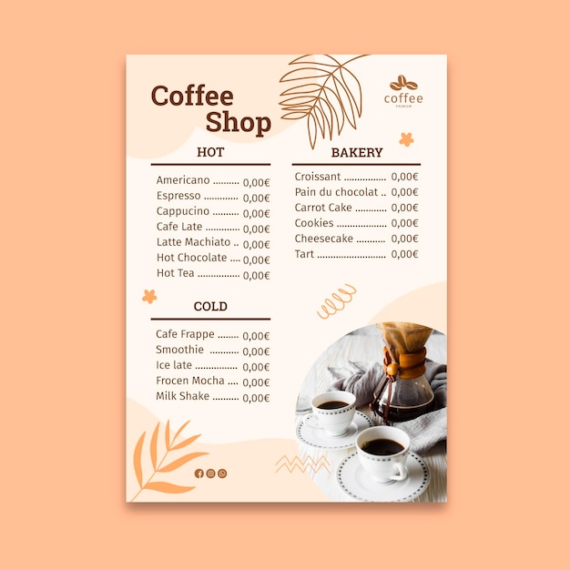 Vecteur gratuit modèle de menu de café
