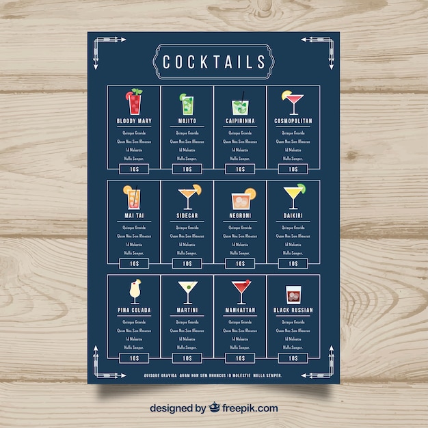 Vecteur gratuit modèle de menu cocktail au design plat