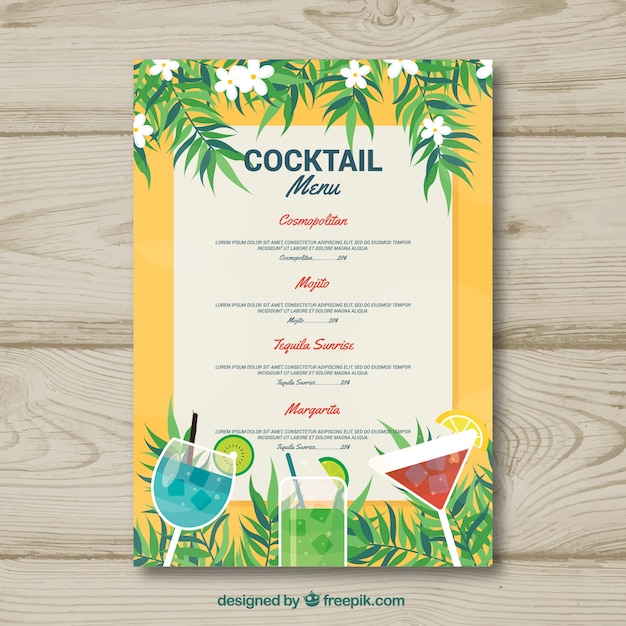 Modèle De Menu Cocktail Au Design Plat