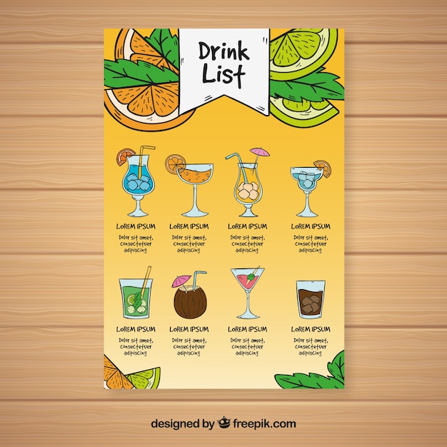 Vecteur gratuit modèle de menu cocktail coloré dessinés à la main