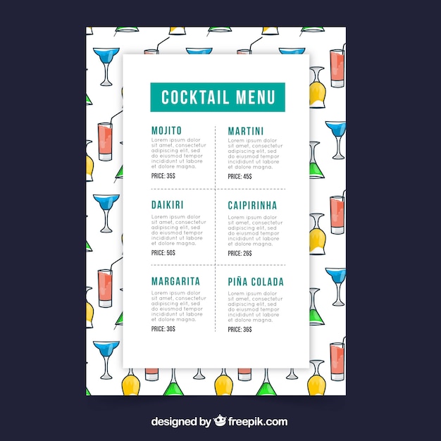 Vecteur gratuit modèle de menu cocktail dans un style plat
