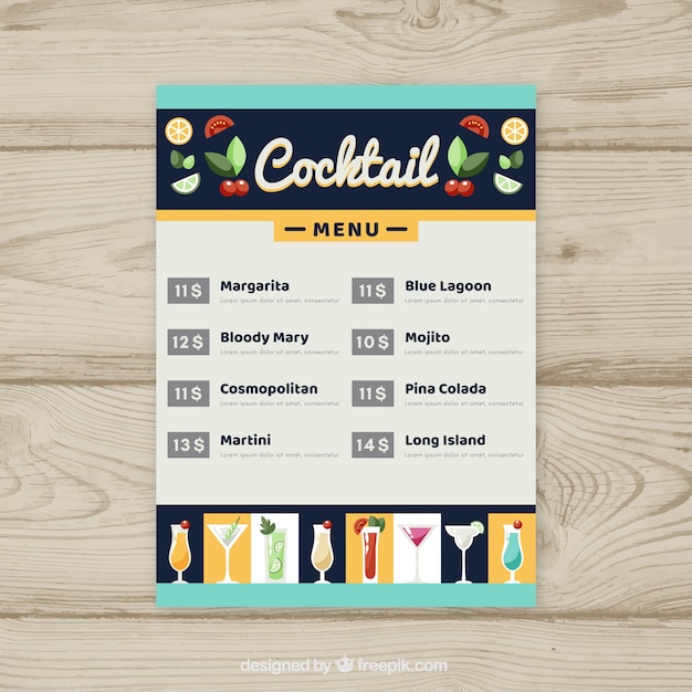 Modèle De Menu Cocktail Avec Un Design Plat