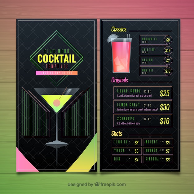 Vecteur gratuit modèle de menu cocktail avec un design plat