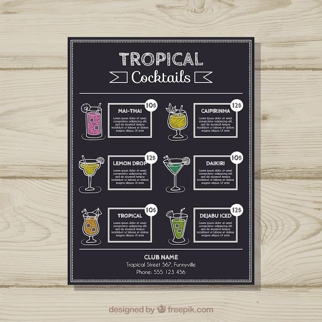 Vecteur gratuit modèle de menu cocktail dessinés à la main