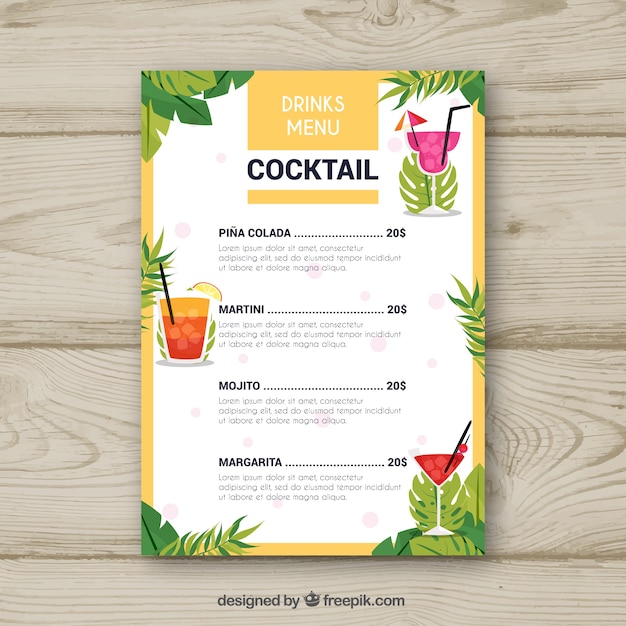 Vecteur gratuit modèle de menu cocktail avec des feuilles de palmier