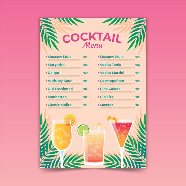Vecteur gratuit modèle de menu de cocktail