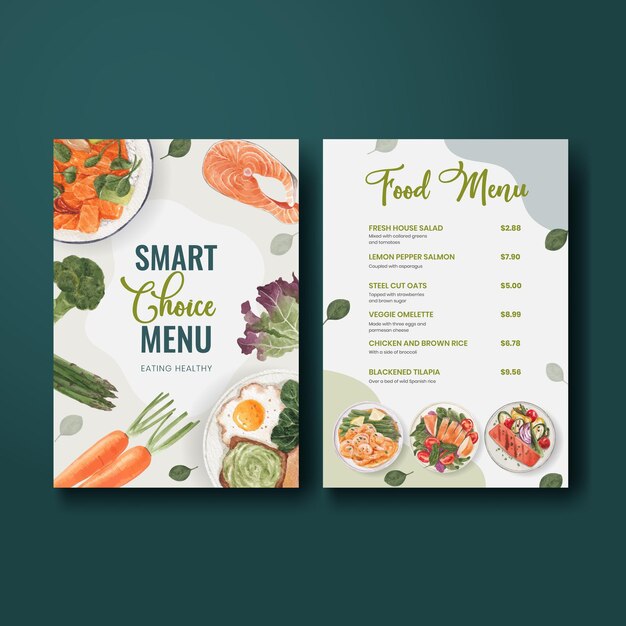Modèle de menu avec concept d'alimentation saine, style aquarelle