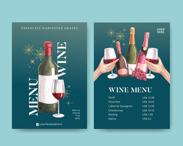 Modèle De Menu Avec Concept De Fête Du Vin, Style Aquarelle