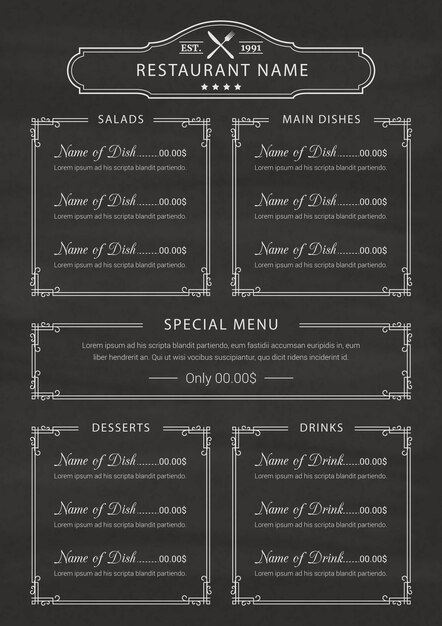 modèle de menu dans le style tableau noir