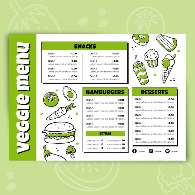 Vecteur gratuit modèle de menu de délicieux plats végétaliens