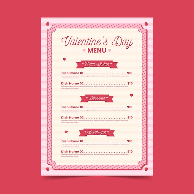 Vecteur gratuit modèle de menu design plat saint valentin