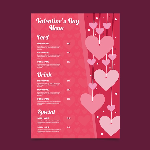 Vecteur gratuit modèle de menu design plat saint valentin