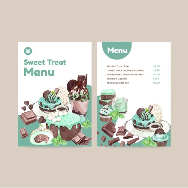 Modèle De Menu Avec Dessert à La Menthe Au Chocolat Dans Un Style Aquarelle