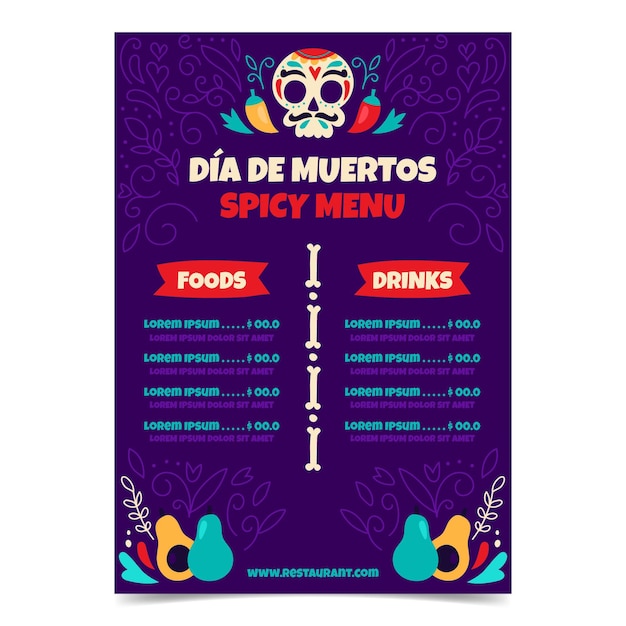 Modèle de menu dia de muertos dessiné à la main