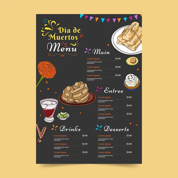 Vecteur gratuit modèle de menu dia de muertos dessiné à la main