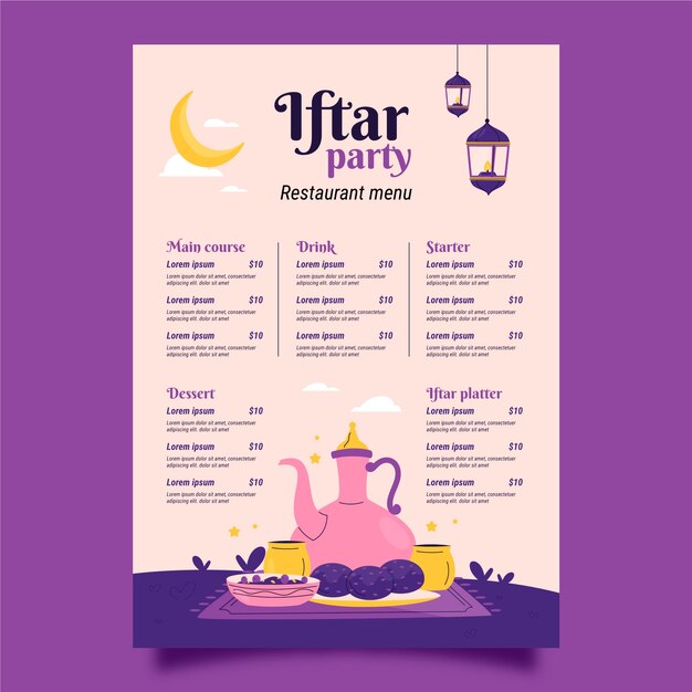 Vecteur gratuit modèle de menu de fête iftar plat