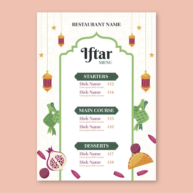 Vecteur gratuit modèle de menu de fête iftar plat