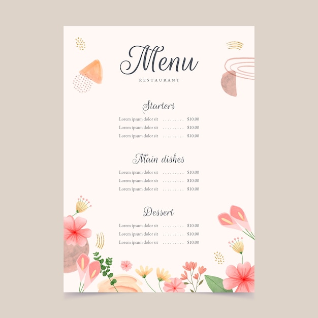 Vecteur gratuit modèle de menu floral aquarelle