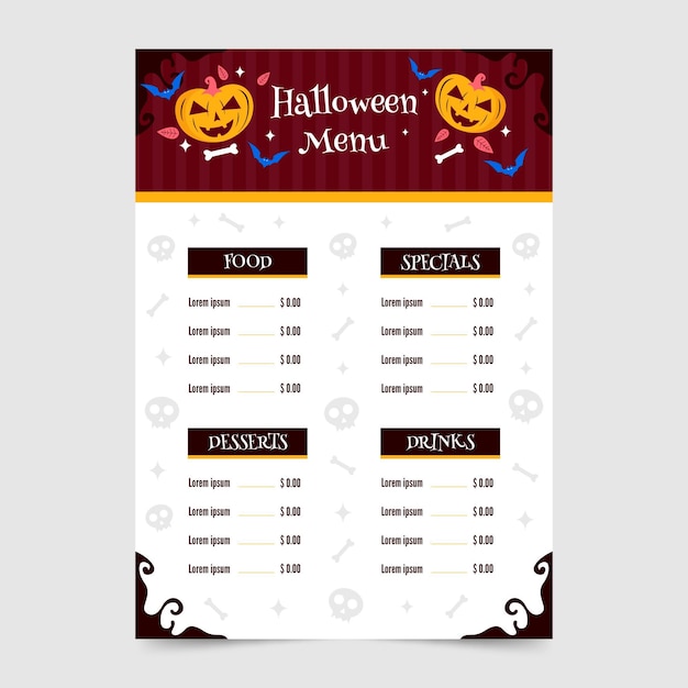 Modèle De Menu Halloween Design Plat Avec Des Citrouilles