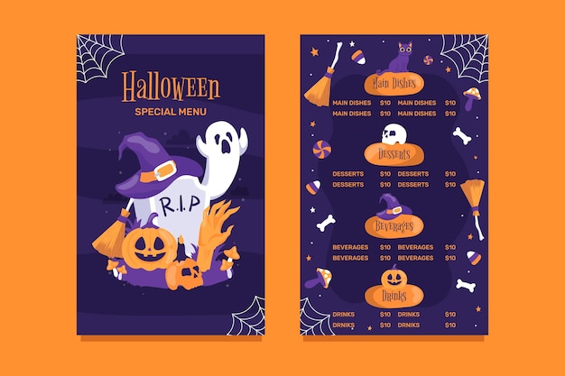 Modèle de menu halloween dessiné à la main