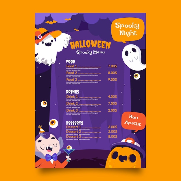 Vecteur gratuit modèle de menu halloween plat dessiné à la main