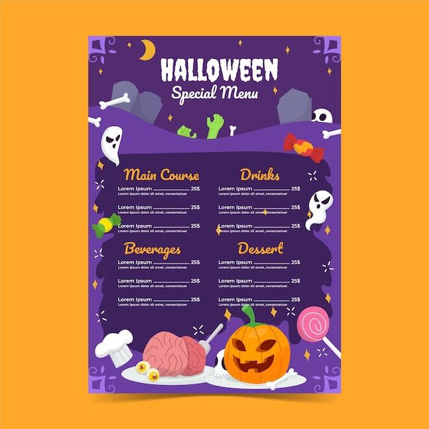 Modèle de menu halloween plat dessiné à la main